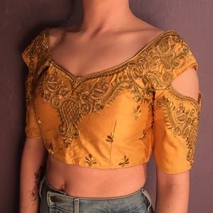 Metallic gold embroidered crop top